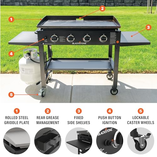 Blackstone 36 Inch Gas Griddle Cooking Station 4 Burner Flat Top Gas Grill Propane Fuelled Restaurant Grade Professional 36” Outdoor Griddle Station with Side Shelf (1554)
