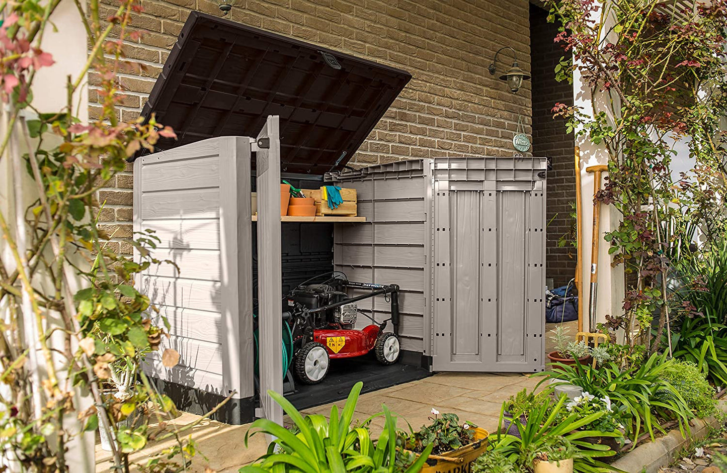 Store-It-Out Pro Outdoor Garden Storage Shed – Beige with Brown Lid, 1200L Capacity