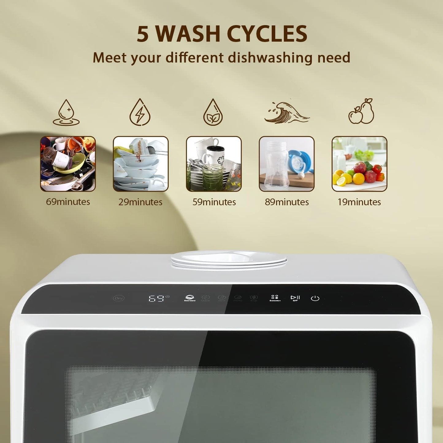 eklipt Table Top Dishwasher – Mini Countertop, 6 Programs, Built-In 5L Water Tank, Touch Control & Drying Cycle
