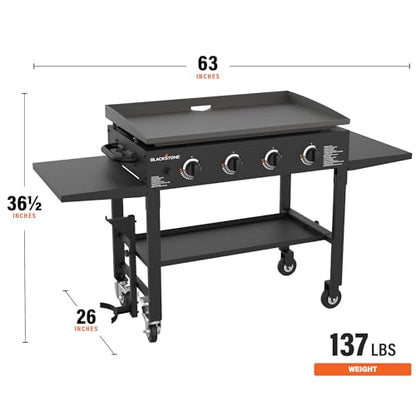 Blackstone 36 Inch Gas Griddle Cooking Station 4 Burner Flat Top Gas Grill Propane Fuelled Restaurant Grade Professional 36” Outdoor Griddle Station with Side Shelf (1554)