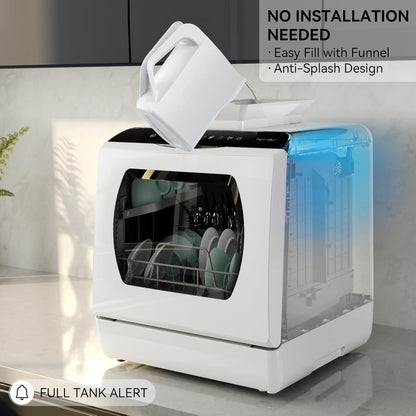 Hermitlux Table Top Dishwasher – Mini Countertop, 4 Place Settings, 6 Programs, Built-In 5L Water Tank, Touch Control