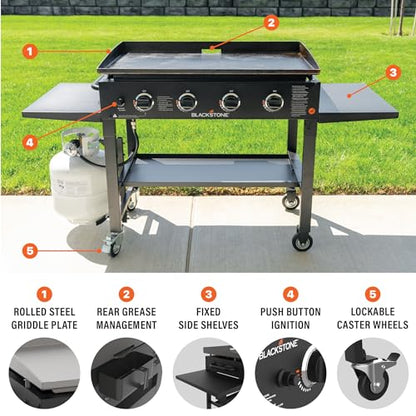 Blackstone 36 Inch Gas Griddle Cooking Station 4 Burner Flat Top Gas Grill Propane Fuelled Restaurant Grade Professional 36” Outdoor Griddle Station with Side Shelf (1554)