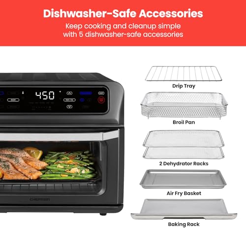 Chefman Toast-Air Touch Air Fryer Toaster Oven Combo, 4-In-1 Black Convection Oven Countertop, Cook a 10-In Pizza, 4 Slices of Toast, Air Fry, Bake, Air Broil, Dehydrate, 21 Qt