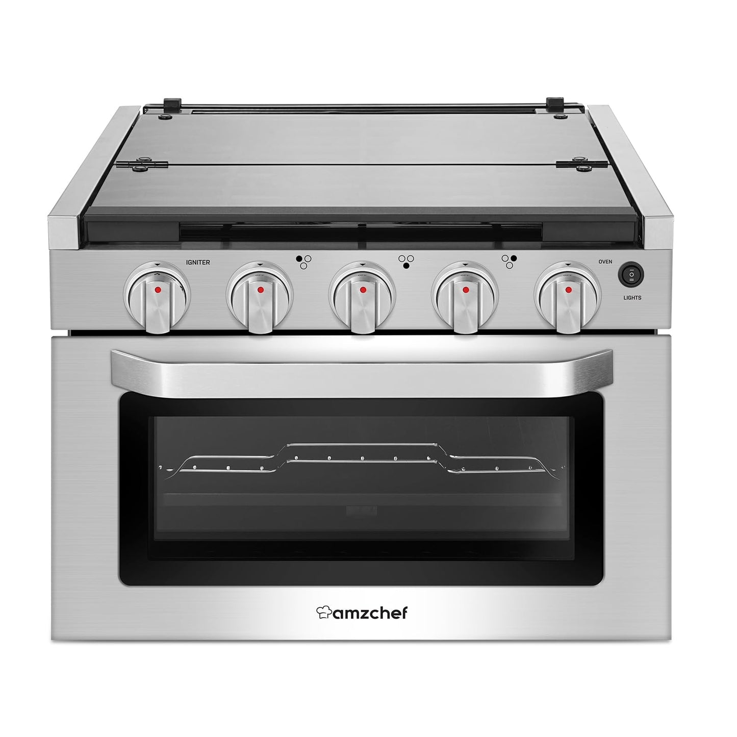 AMZCHEF 17 Inch Gas Range Stove 12V, Ideal for RV Use with 3 Burners, 1.24 Cu.Ft. Capacity Gas Oven, 28,100BTU, Open Flame Configuration, Knob work indicator, Heavy Duty Cast Iron Grates,