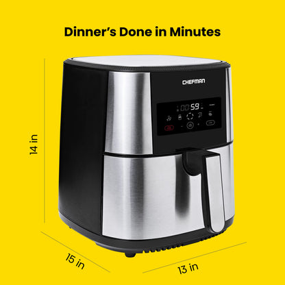 Chefman TurboFry® Touch Air Fryer, XL 8-Qt Family Size, One-Touch Digital Control Presets, French Fries, Chicken, Meat, Fish, Nonstick Dishwasher-Safe Parts, Automatic Shutoff, Stainless Steel