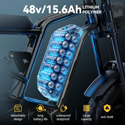 20" Fat Tire Electric Bike for Adults, 48V 15.6Ah Removable Battery, 80KM Range, 7-Speed E-Bike with Dual Suspension