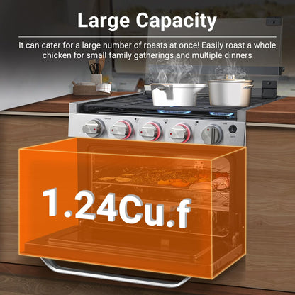 AMZCHEF 17 Inch Gas Range Stove 12V, Ideal for RV Use with 3 Burners, 1.24 Cu.Ft. Capacity Gas Oven, 28,100BTU, Open Flame Configuration, Knob work indicator, Heavy Duty Cast Iron Grates,