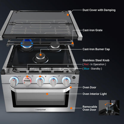 AMZCHEF 17 Inch Gas Range Stove 12V, Ideal for RV Use with 3 Burners, 1.24 Cu.Ft. Capacity Gas Oven, 28,100BTU, Open Flame Configuration, Knob work indicator, Heavy Duty Cast Iron Grates,
