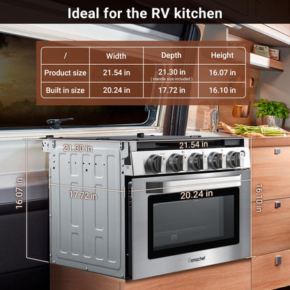 AMZCHEF 17 Inch Gas Range Stove 12V, Ideal for RV Use with 3 Burners, 1.24 Cu.Ft. Capacity Gas Oven, 28,100BTU, Open Flame Configuration, Knob work indicator, Heavy Duty Cast Iron Grates,