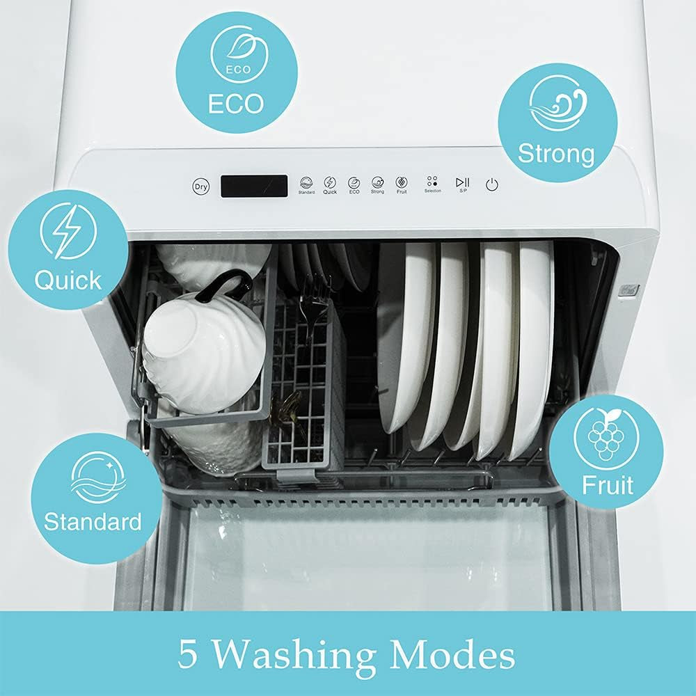 Mini Table Top Dishwasher – Portable Countertop Dishwasher, 6 Programs, 5L Water Tank, No Installation Required