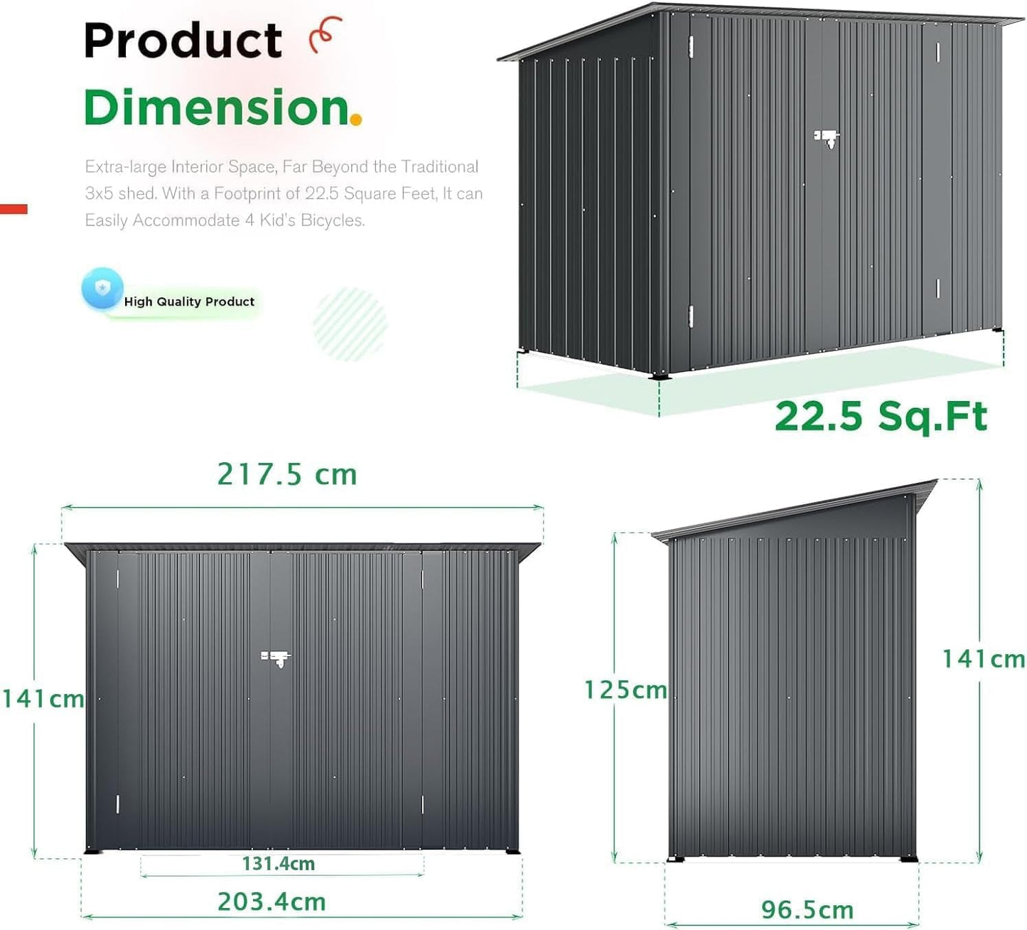 2.1 × 0.9M Outdoor Metal Garden Shed with Lockable Door – Galvanised Steel Bike & Tool Storage (203 × 96 × 141 cm)