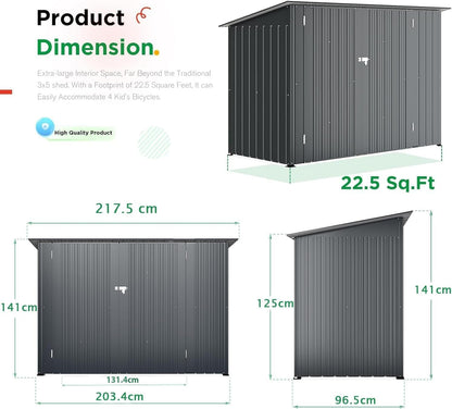 2.1 × 0.9M Outdoor Metal Garden Shed with Lockable Door – Galvanised Steel Bike & Tool Storage (203 × 96 × 141 cm)