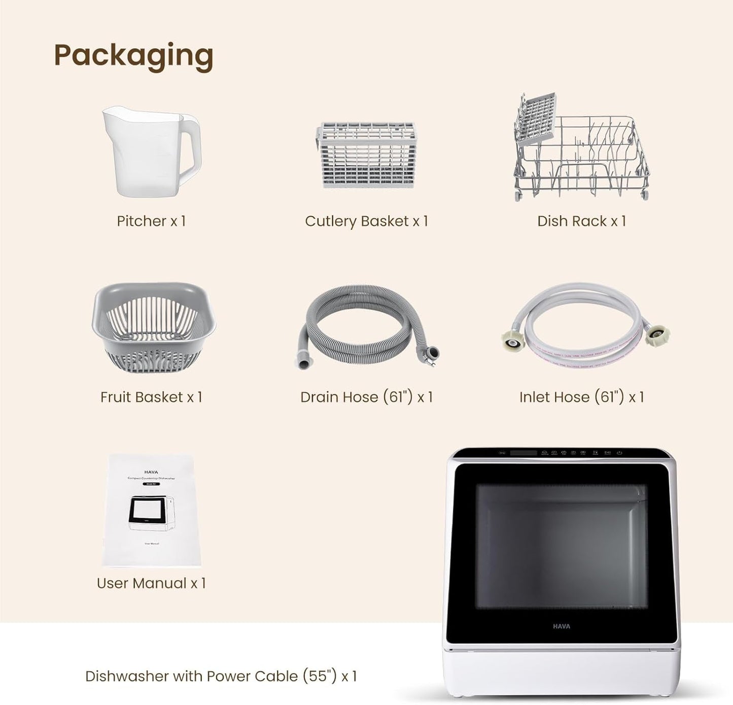 HAVA Table Top Dishwasher – Mini Countertop, Portable, 6 Programs, 5L Water Tank, No Installation Required