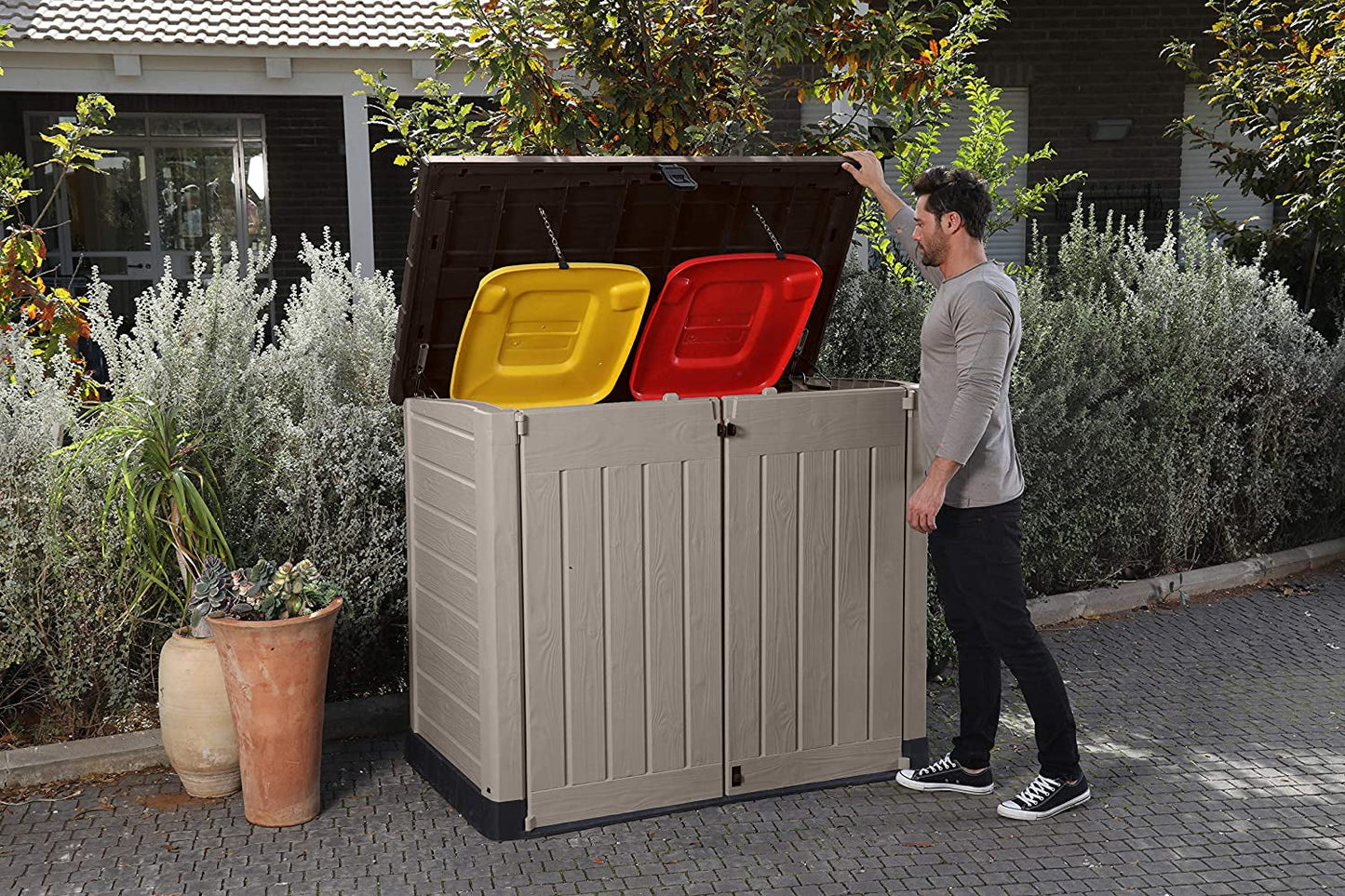 Store-It-Out Pro Outdoor Garden Storage Shed – Beige with Brown Lid, 1200L Capacity
