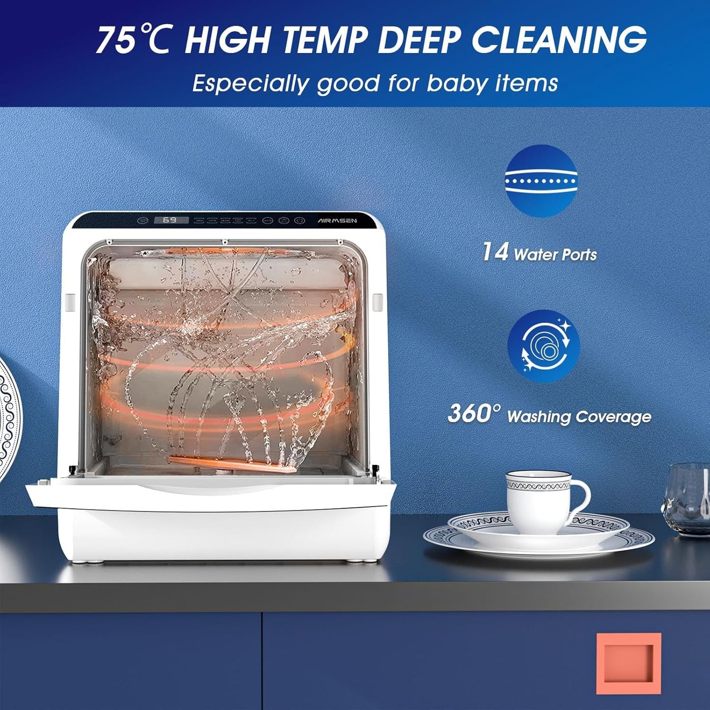 AIRMSEN Mini Table Top Dishwasher – Portable Countertop, 6 Programs, Baby Care Mode, Dual Water Supply