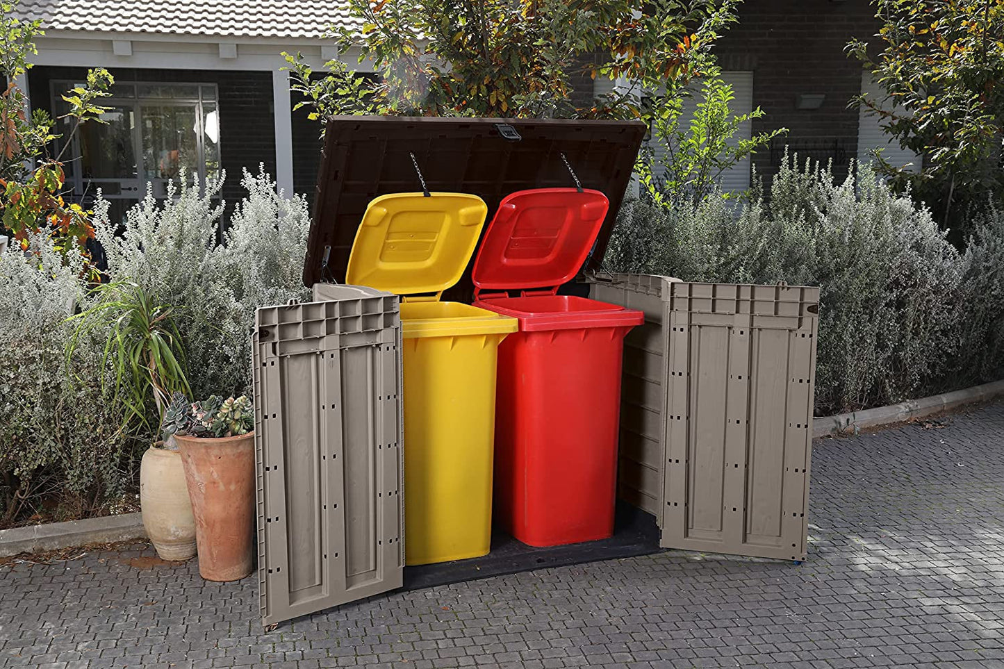 Store-It-Out Pro Outdoor Garden Storage Shed – Beige with Brown Lid, 1200L Capacity